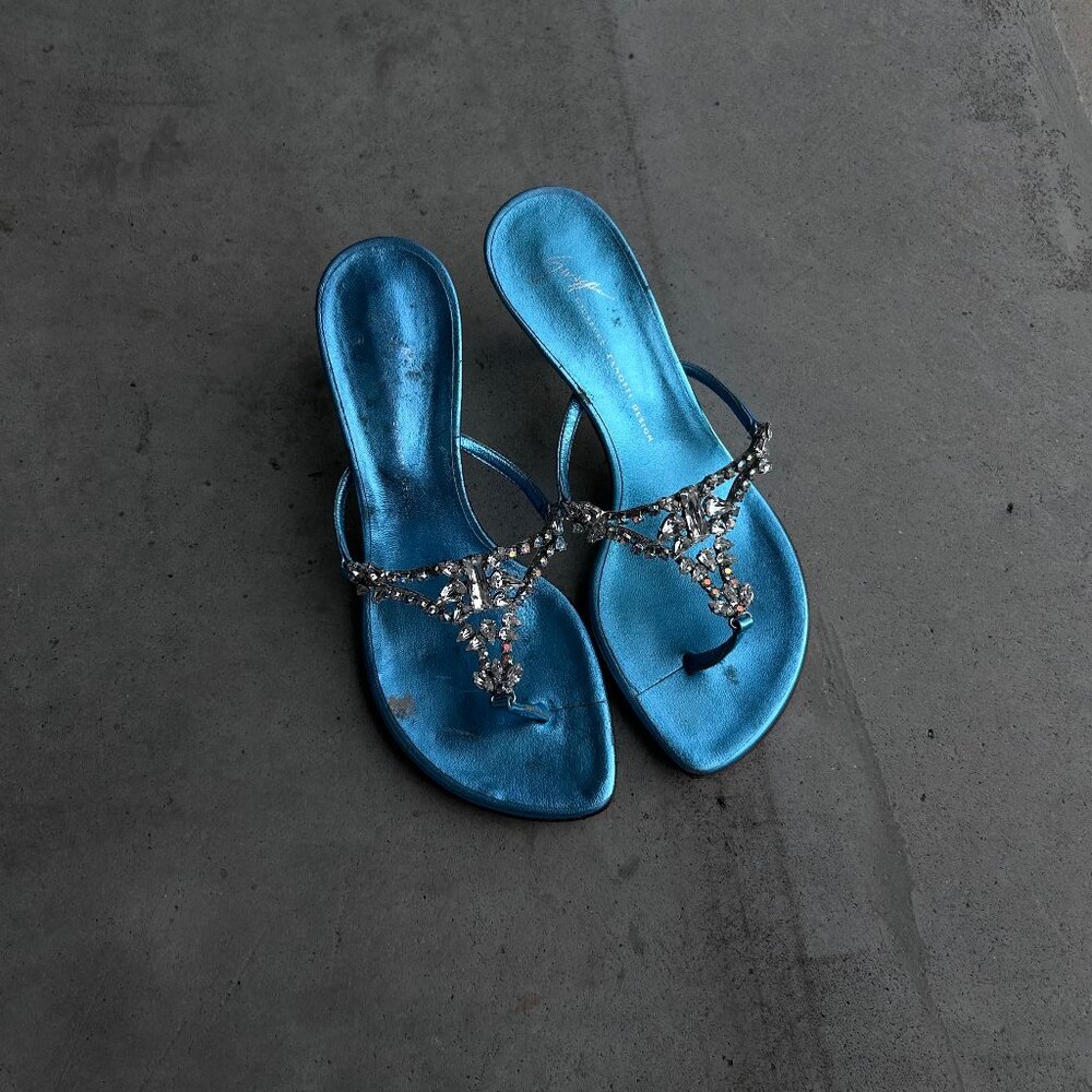 Vintage 2000s Giuseppe Turquoise Crystal Thong Kitten Heels